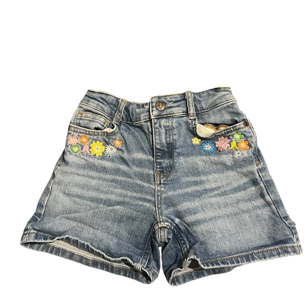 Boden Blue Denim Kids Shorts with Floral Embroidery